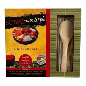 NIB Sushi With Style Book & Gift Set: Bamboo Mat, Chopsticks & Serving Paddle